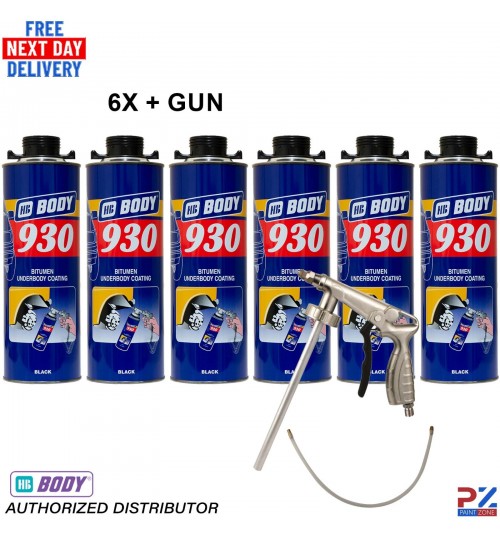 6X HB Body 930 Underbody Black Bitumen 1L – Anti Stone Chip Coating + Gun